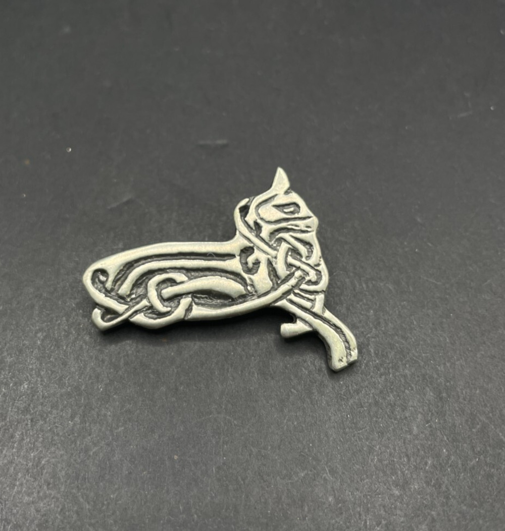 Vintage Signed Silver Tone Celtic Dog Artist Design Brooch Pin
